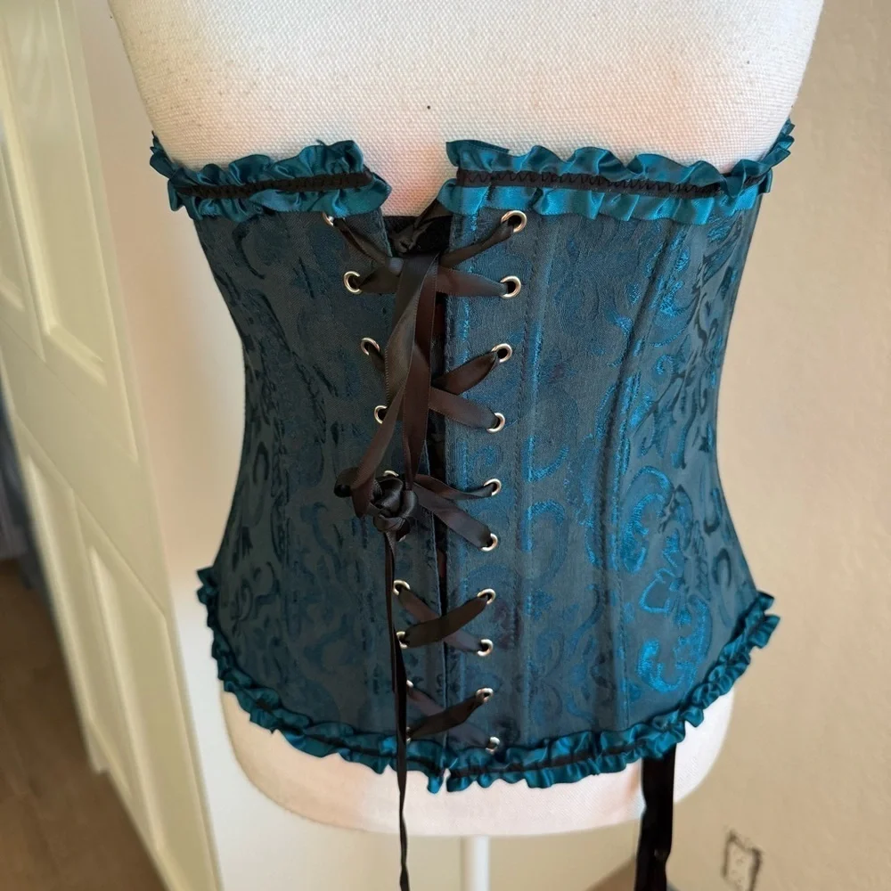 Teal Brocade Corset Top with Black Ribbon Velvety Size L  Whimsigoth Victorian